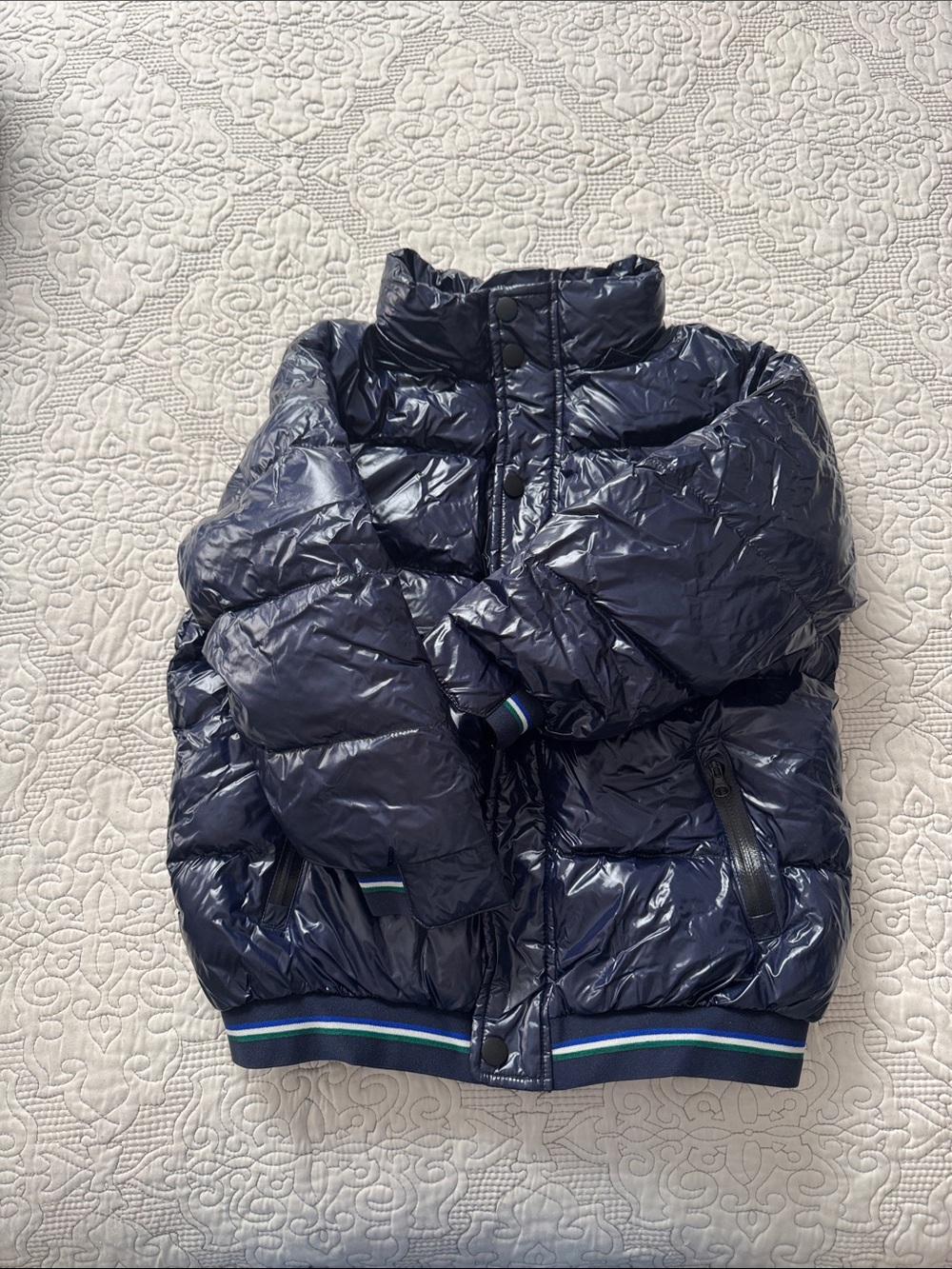 Bonpoint Shiny Navy Puffer Jacket with Stripe Trim